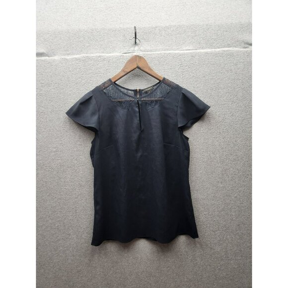 Ann Taylor Womens Navy Lace Yoke Flutter Sleeve Top Size 4 - Picture 1 of 5